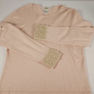 Talbots Pink Long Sleeve Top with White Beaded Faux Pearls Cuffs Size Medium